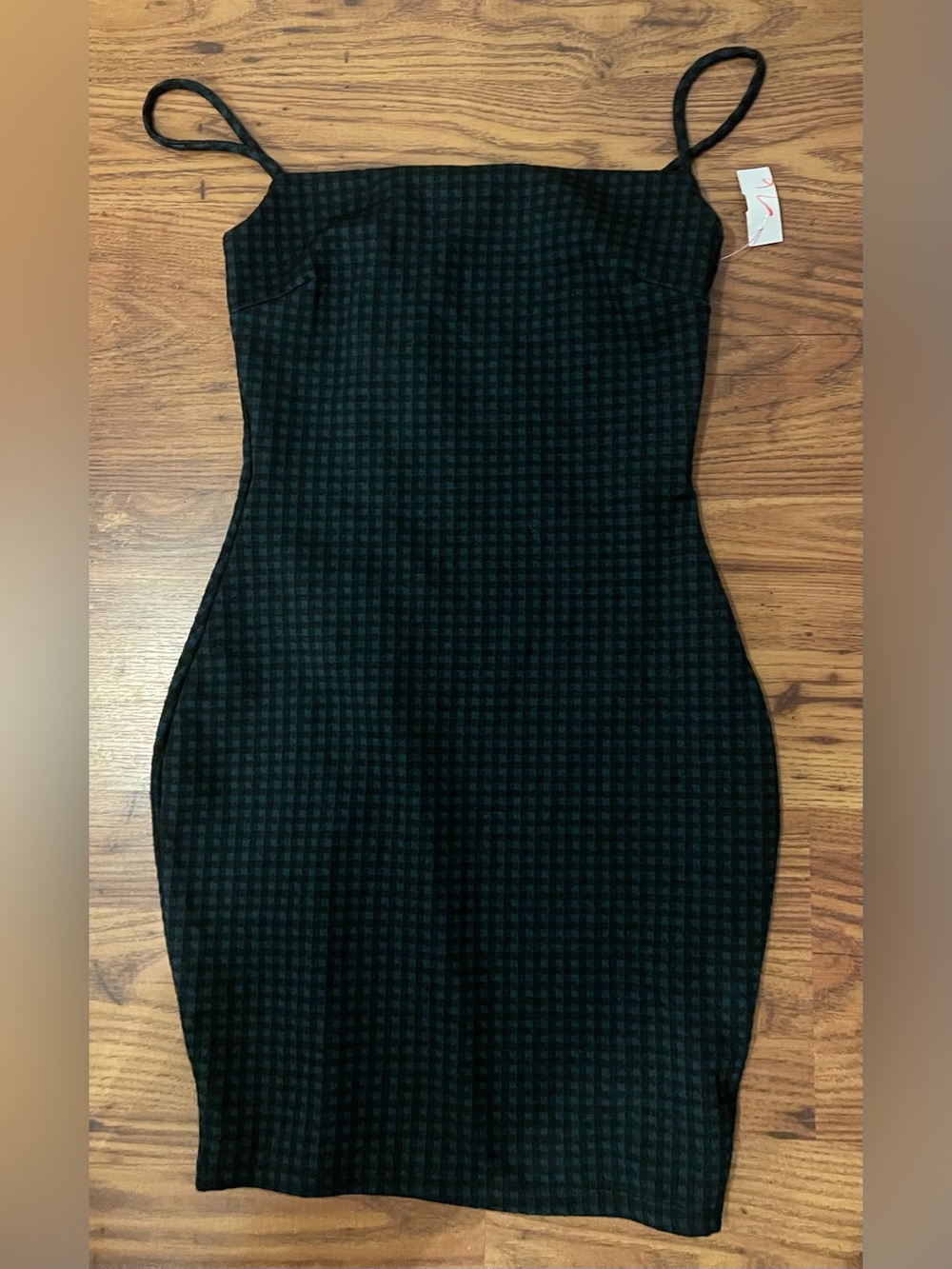 Windsor Black Green Plaid Check Spaghetti Strap Figure Hugging Dress